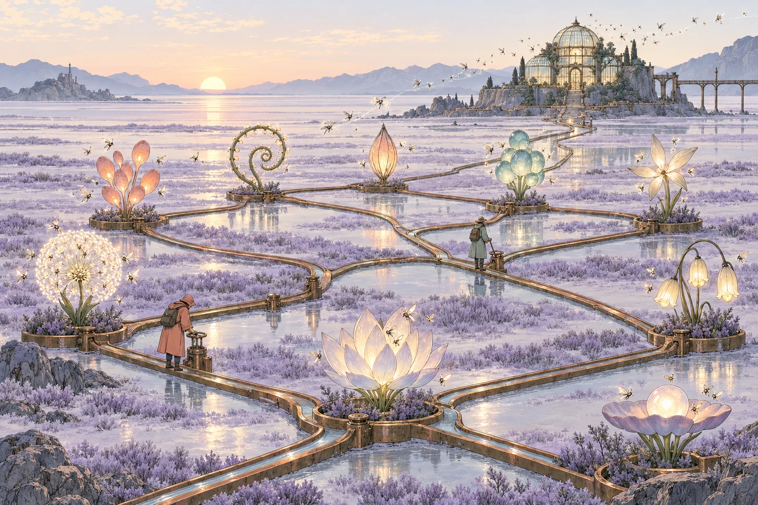 Nine luminous seed pods connected by copper channels across a lavender wetland, representing AI lead magnet ideas feeding a shared client journey.