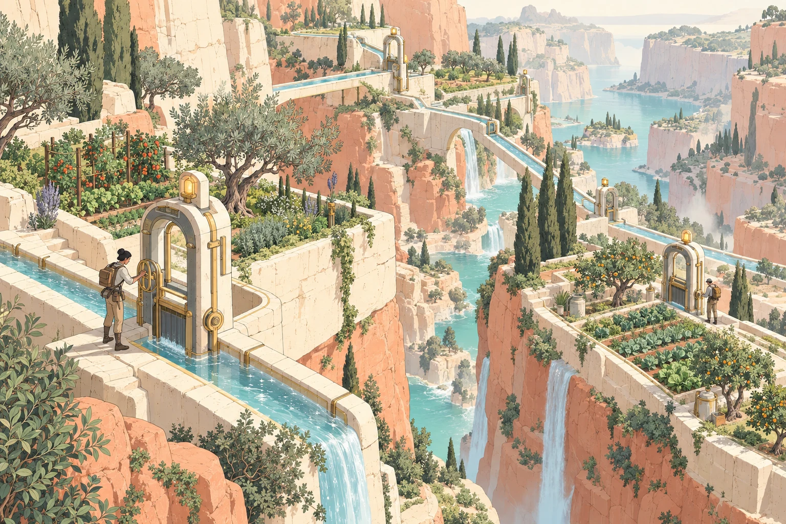 Two small travelers tending separate glowing channels through a terraced garden of pale coral and teal, representing clear routes for client AI website edits.