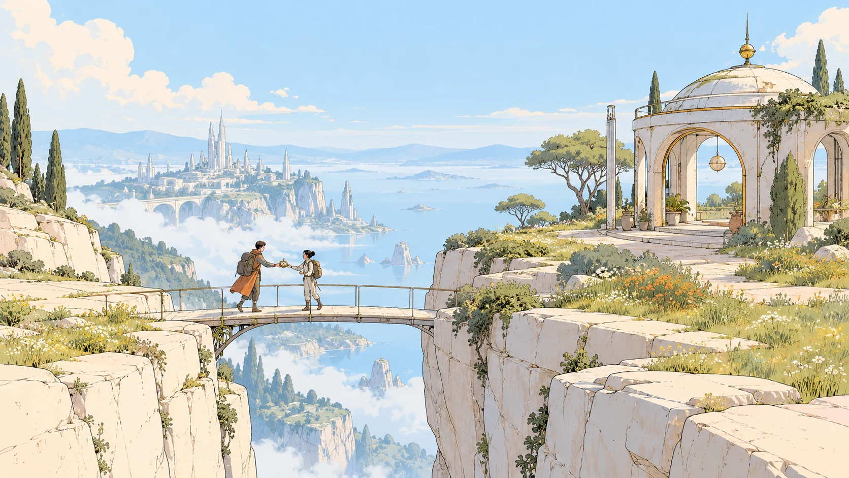 Two travelers passing a compass on a bridge between sandstone terraces, an illustration for a website handoff checklist.